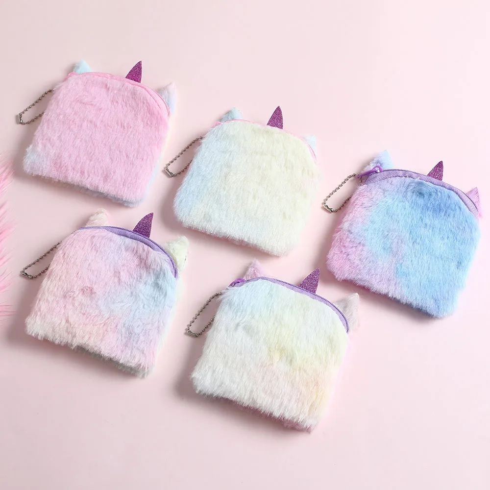 การ์ตูน Plush Unicorn กระเป๋าสตางค์แมวน่ารักขนสัตว์วงกลมกระเป๋าสตางค์ผู้หญิงคลัทช์ปักกระเป๋าหูฟัง Organizer กระเป๋าเด็กของขวัญ