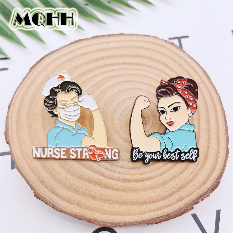 Creative Female Character Doctor Cheer Fist Enamel Pins Optimistic Life Letters Alloy Brooch Badge Clothes Accessories Jewelry