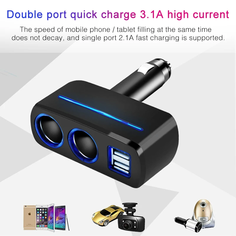 Car Cigarette Lighter Socket 12-24V Auto Cigar Lighter Dual USB Charger Power Adapter Outlet 2.1A/1.0A 80W Splitter Universal