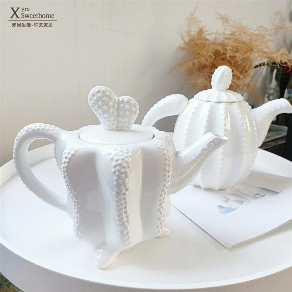 Ceramic cactus shaped teapot creative coffee pot plant shaped tea pot household single pot white porcelain