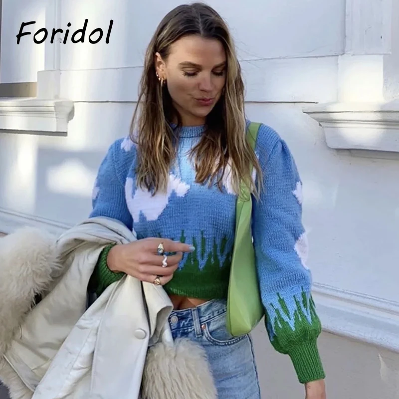 Foridol mohair vintage blue cloud sweater pullovers women lantern sleeve oversized cropped jumper 2024 short casual pull femme