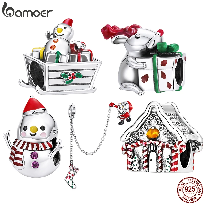 Bamoer 925เงินสเตอร์ลิงน่ารัก Snowman Charms Fit สำหรับ DIY สร้อยข้อมือหรือกำไลข้อมือ Reindeer Charms เครื่องประดับคริสต์มาสของขวัญ