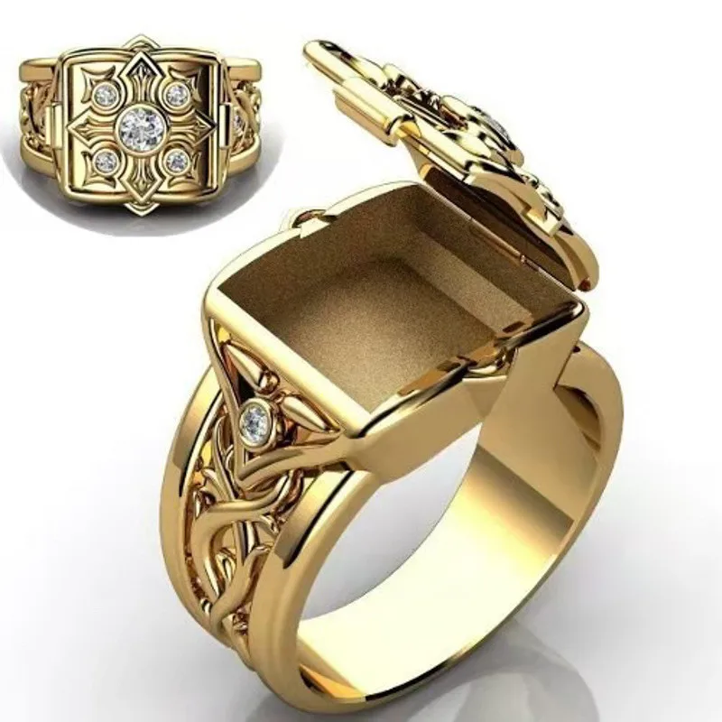 Creative Punk Style Gold Colors Cross Flower Pattern Zircon Ring for Men Secret Small Room Coffin Rings Cocktail Jewelry Gift