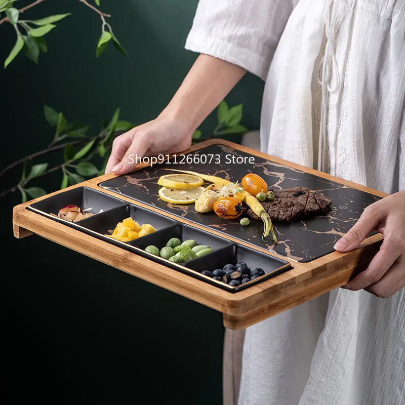 

Nordic Restaurant Pizza Snack Plate Square Ceramic Service Plate Creative Marble Gold Pattern Western Dish with Grid Steak Plate