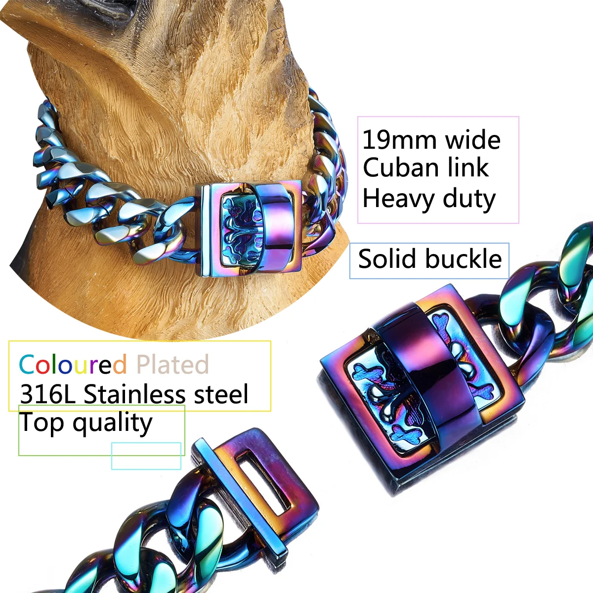 19 mm Dog Collar Rainbow Heavy Duty Stainless Steel Dog Coloured Luxury Training Collar Cuban Link with Durable Clasp Chain