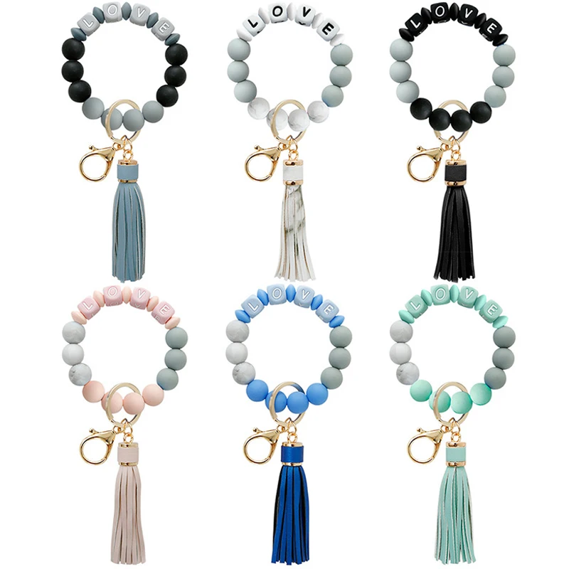 Silicone LOVE Beads Key Ring Bracelet Beaded Wrislet Silicone Keychain Portable House Car Keys Ring Holder Car Keychain