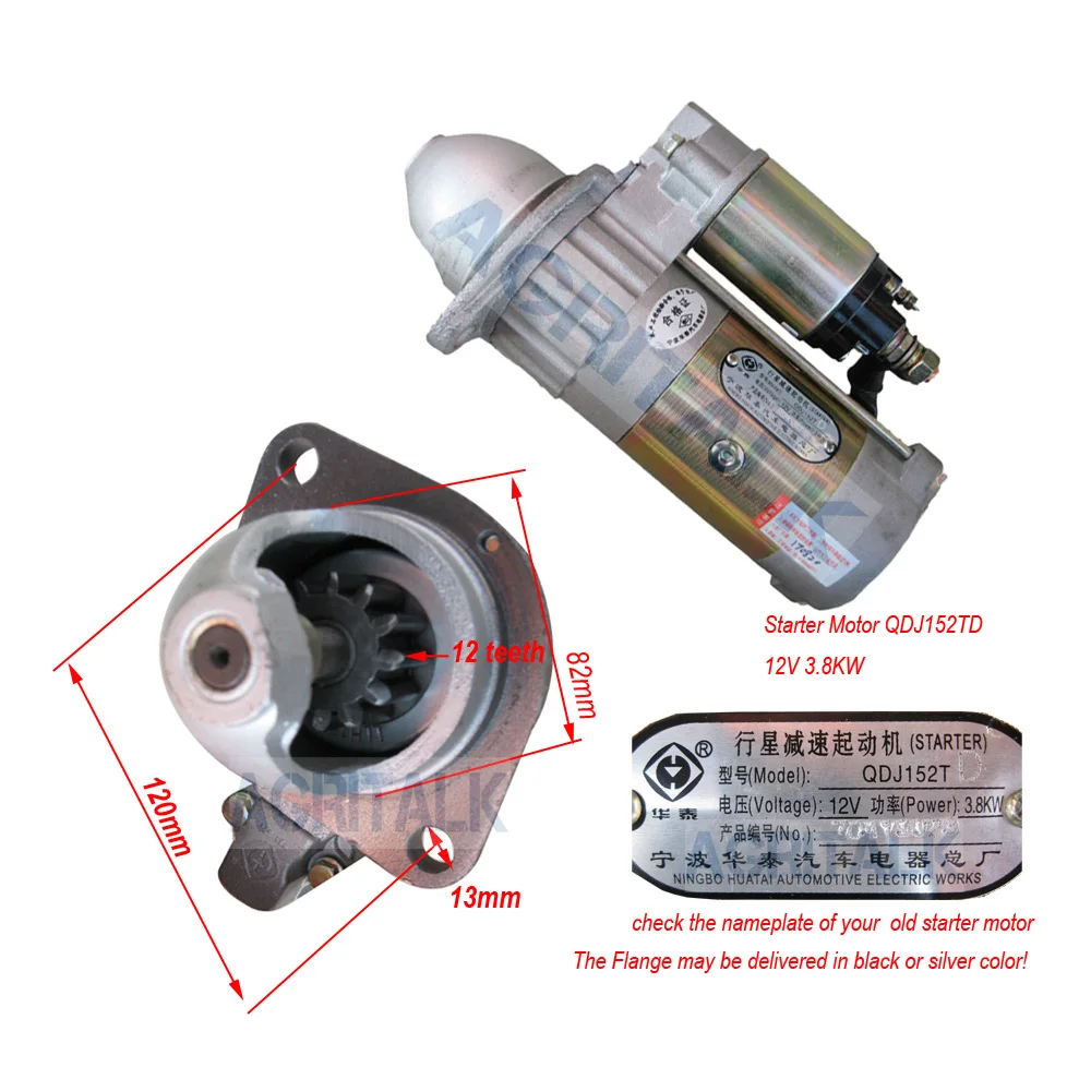 QDJ152TD starter motor for tractor JM354 with Jiangdong TY395E engine, check the starter model / dimenssion when make the order