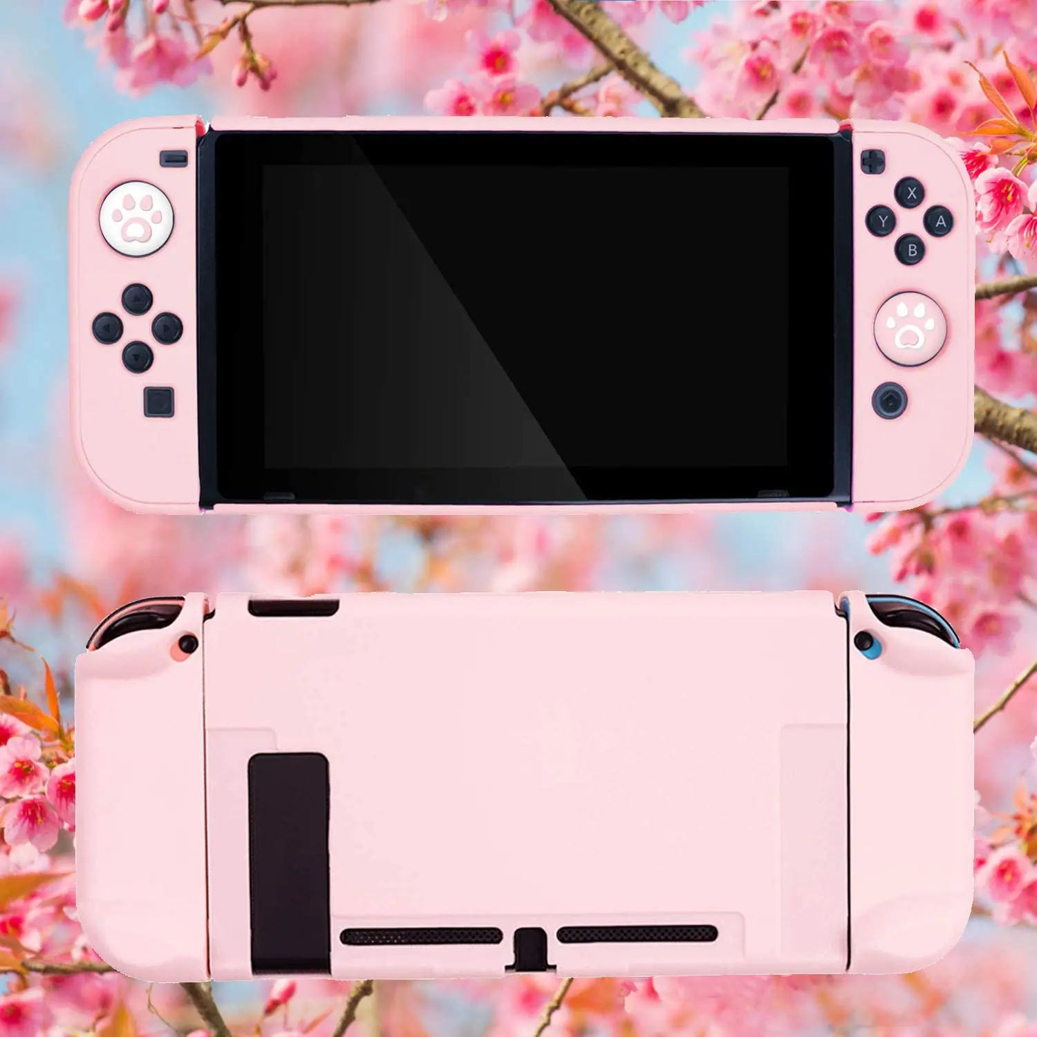 Capa protetora rosa para Nintendo Switch, Joy-Con Controladores, protetor de tela de vidro, 4 apertos do polegar