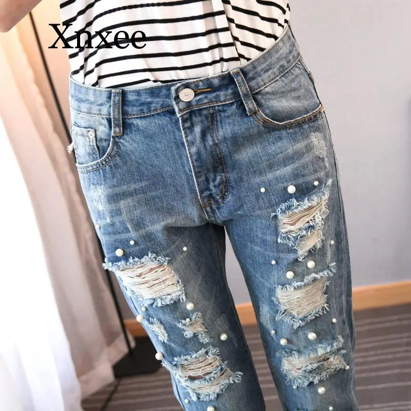 

Distressed Ripped Jeans For Women hole Destroyed Jeans With Beads Pearl Jeans Woman Slim Harem ankle Denim Pants