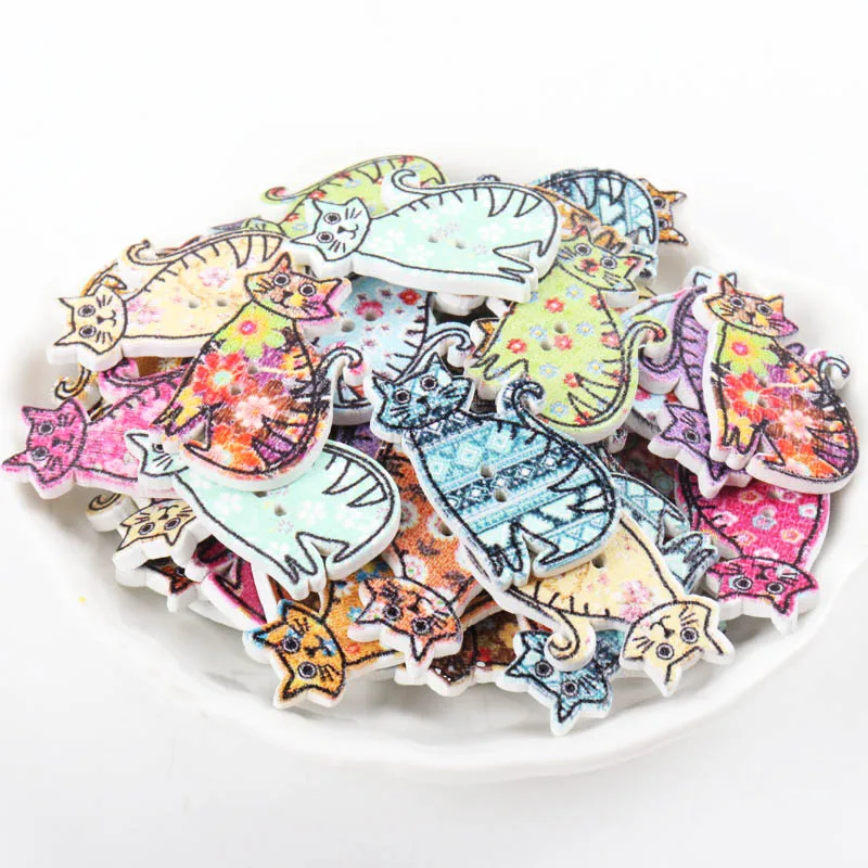 Bottoni 30pcs Random Mix Cat Nature Wood Button Chidlren Decorative Wooden Buttons Sewing Accessories Crafts 18x30mm