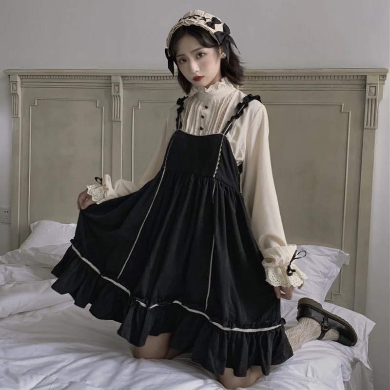 Robe Lolita rétro à manches longues pour femmes, chemise, haut, bretelles, corps complet, ensemble deux pièces, gothique, vêtements kawaii loli