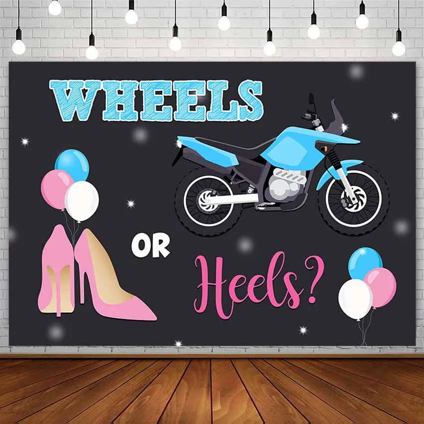 

Gender Reveal Party Backdrops Baby Shower Wheels Or Heels Pink Blue Boy Or Girl Balloon Photography Background Props Photophone