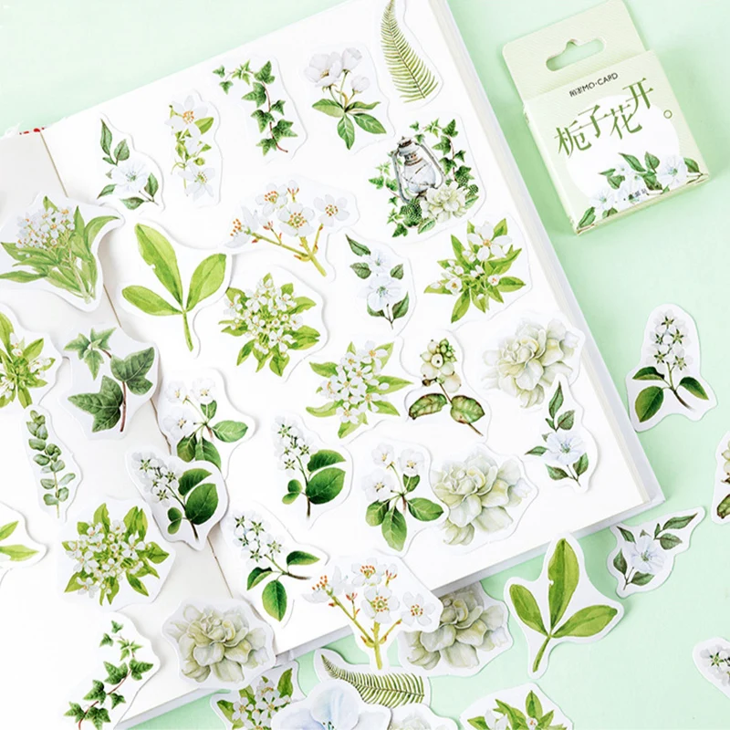 46pcs/box Diary Sticker Fresh White Flower Botany Totem Scrapbooking Planner Decoration Adhesive Paper Flake Stickers Album