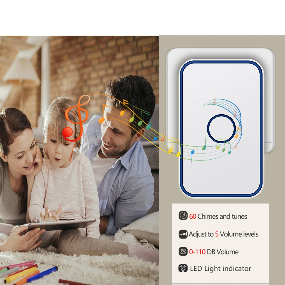 CACAZI Smart Wireless Doorbell 60 Chimes 5 Volume 0-110Db Waterproof Home Door Ring Bell US EU UK Plug 1 2 Button 1 2  Receiver