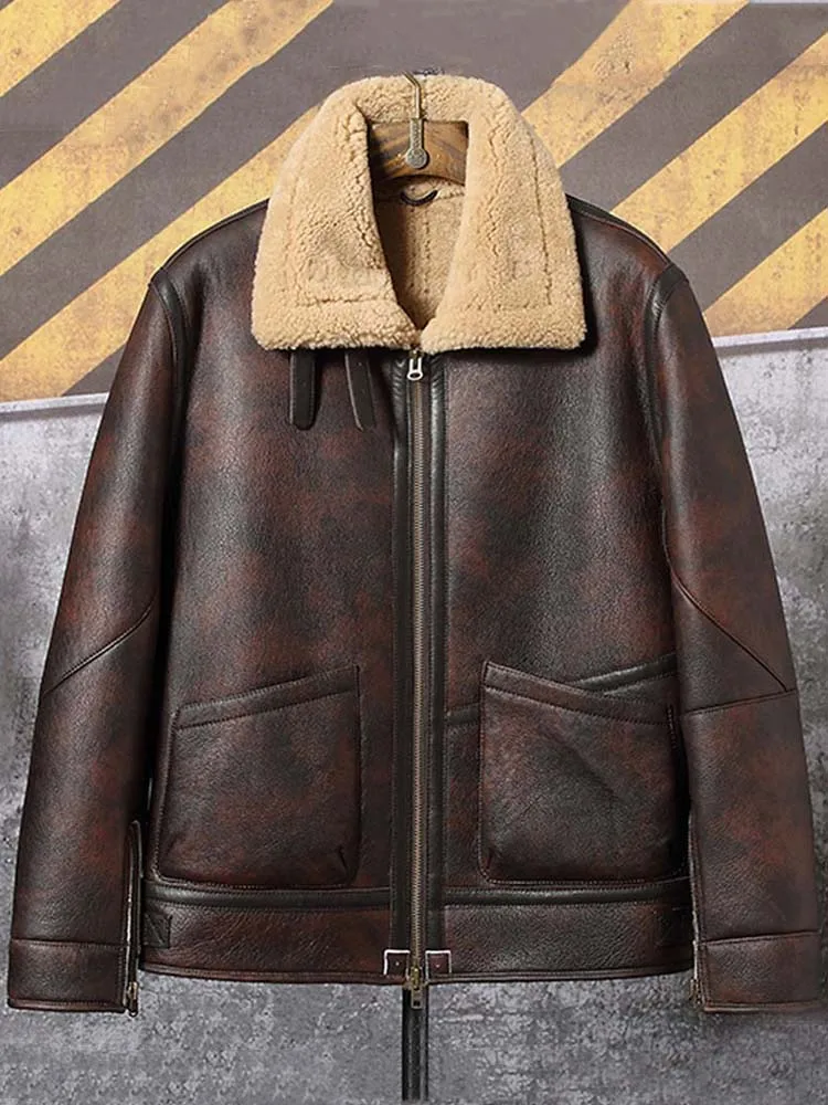 2020 New Mens Shearling Jacket Short Fur Coat Brown Leather Overcoat Winter Warm Parkas Sheepskin Outerwear