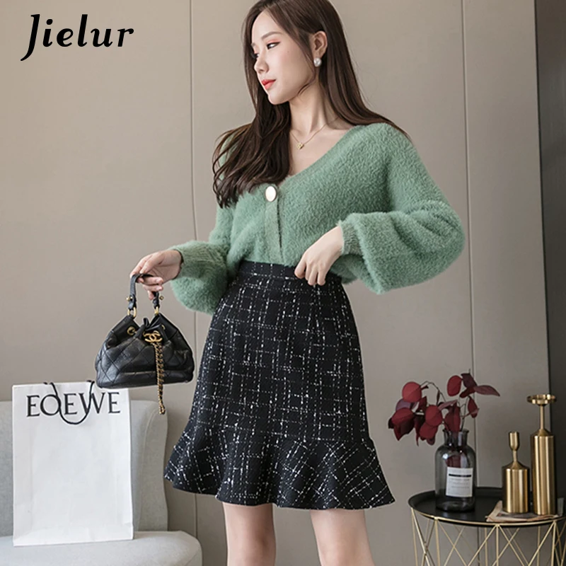 Jielur – jupe trompette pour femmes, Slim, taille haute, à carreaux, Chic, style coréen, noire, automne hiver, S-XL