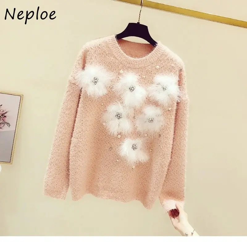 Neploe Autumn 2024 New Rhinestone Furry Decorative Knitted Pullovers Women Crewneck Sweater Woman Outer Wear Loose Tops Mujer