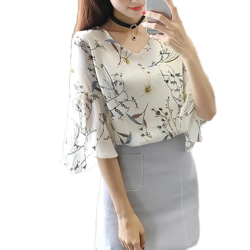 2022 Summer Office Lady Blouse Elegant Flower Print Half Flare Sleeve V Neck Chiffon Fashion Blouses Shirts Top Blusas Mujer