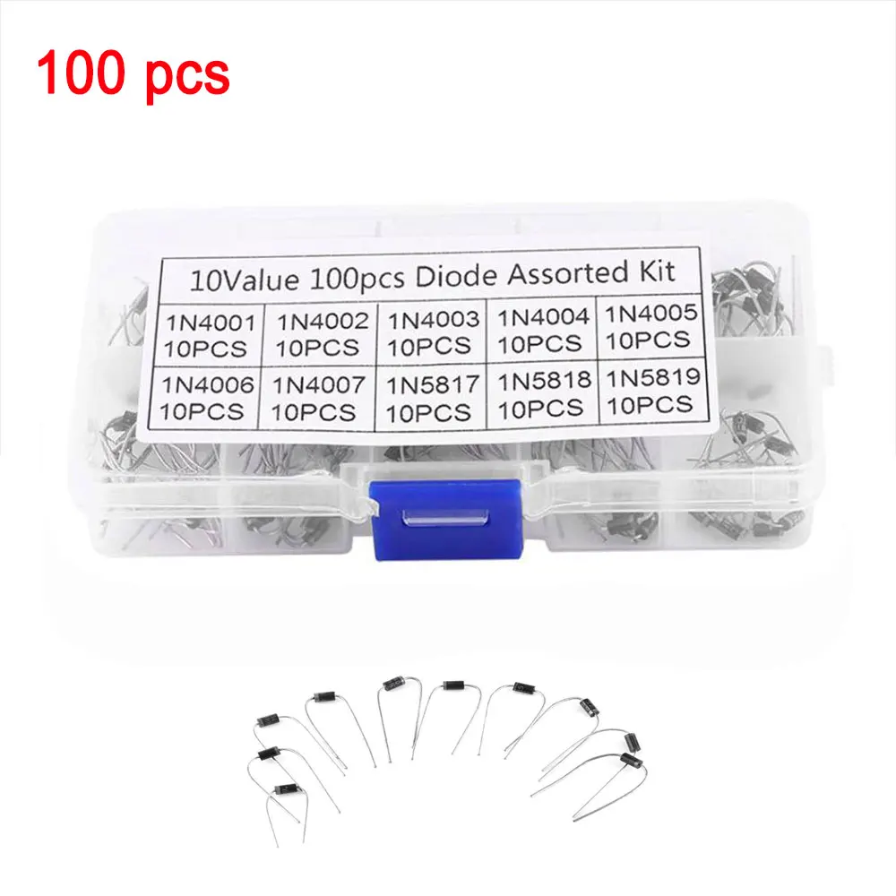 100Pcs Values Rectifier Diode Assorted Kit 1N4001/1N4002/1N4003/1N4004/1N4005/1N4006/1N4007/1N5817/1N5818/1N5819