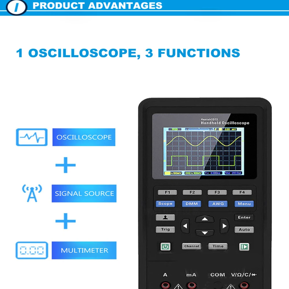 Test Meter Tools 3in1 Digital Oscilloscope+Waveform Generator+Multimeter Portable USB 2 Channels LCD Display Model Generator