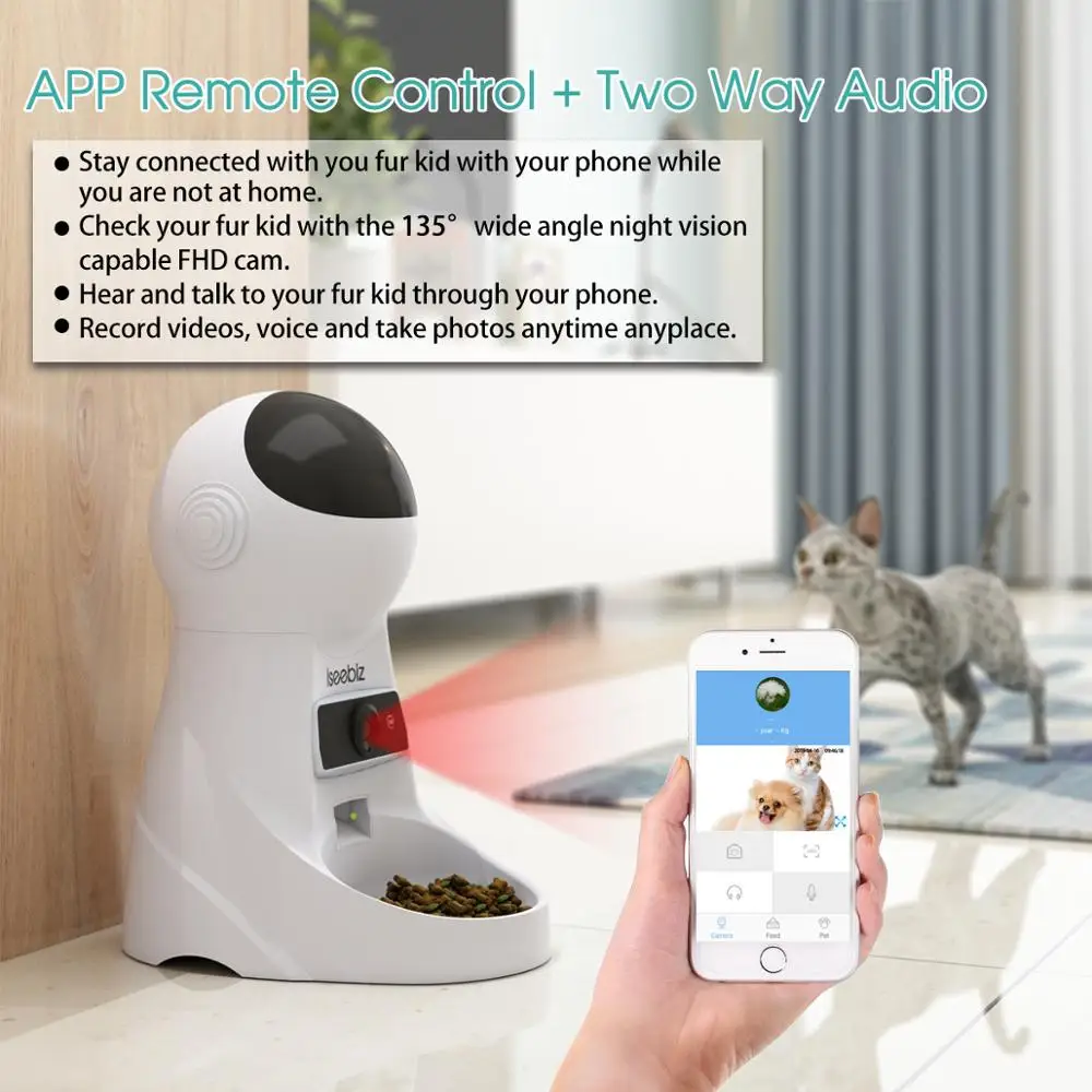 Iseebiz 3L distributore automatico di cibo per cani con alimentatore per gatti con supporto per fotocamera controllo App per registrazione vocale 8