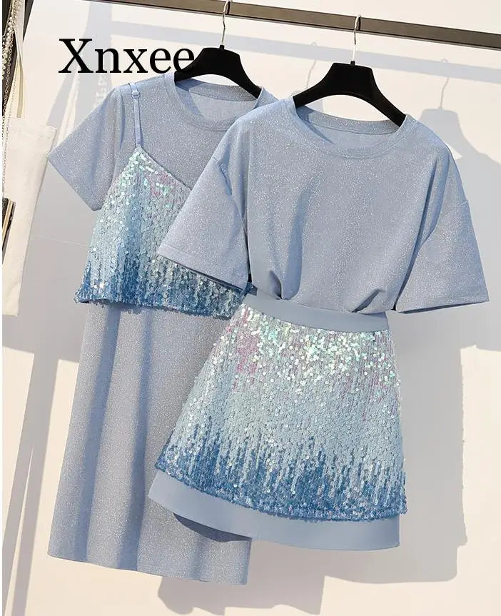 

Women Clothing 2 Piece Set Sequined T-Shirt and sequined skirt set