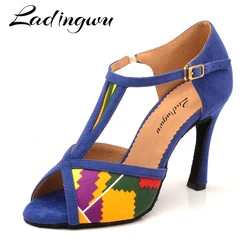 Ladingwu Women Salsa party Ballroom shoes Latin dance shoes Featured pattern Satin and Featured pattern Blue suede Cuba heel 10c