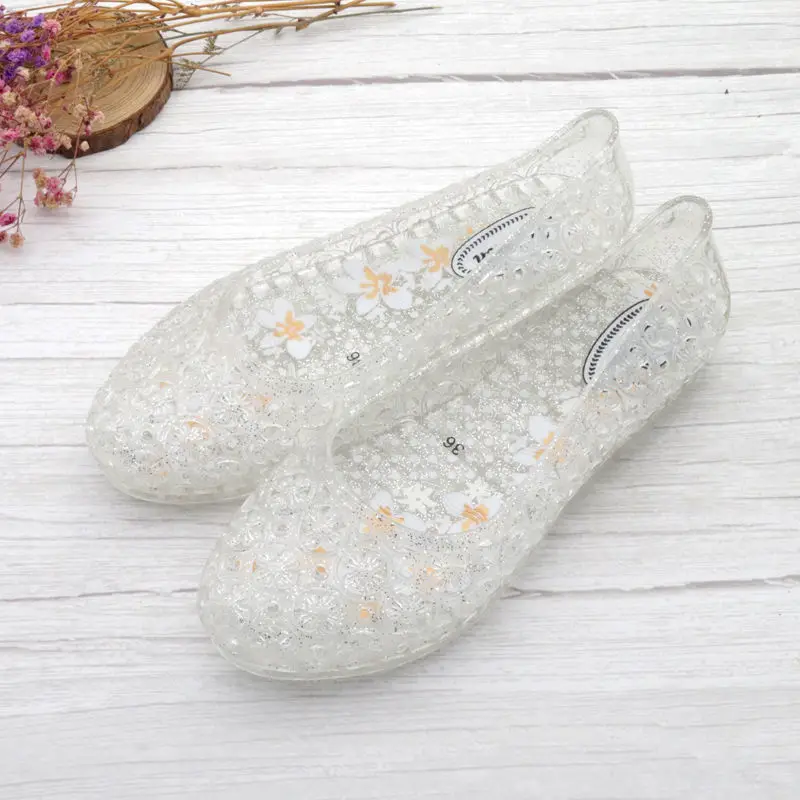 Floral Clear Jelly Sandals For Women Summer Beach Shoes Girls White Wedge Sandals Slip On Hole Shoes Ladies Transparent Sandals