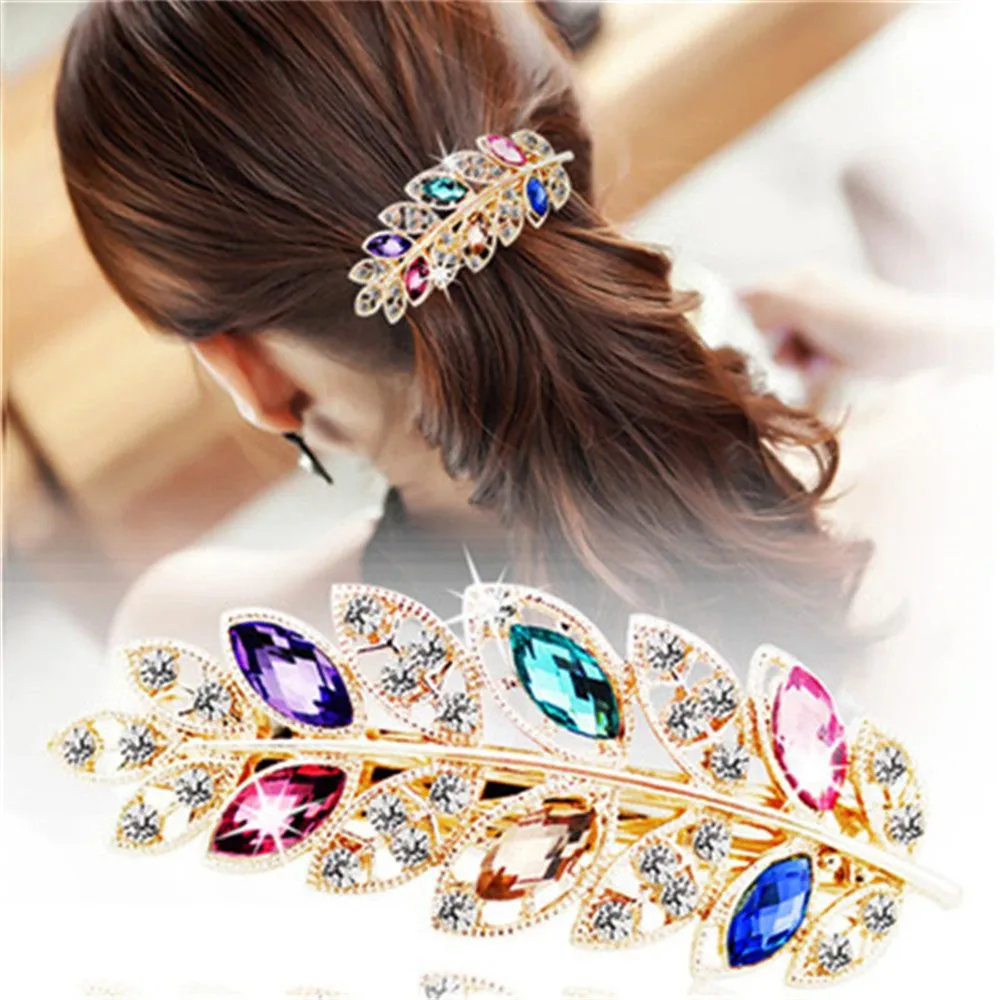 1 PC Beauty Women Fashion Hair Clip Creative Leaf Crystal Alloy Rhinestone Barrette Hairpin Headband Korean Hair Accessories