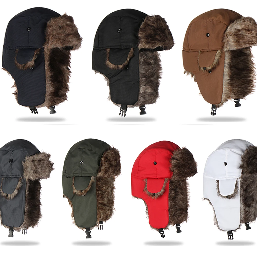 Unisex Men Women Russian Hat Trapper Bomber Warm Trooper Ear Flaps Winter Ski Hat Solid Fluffy Faux Fur Cap Headwear Bonnet