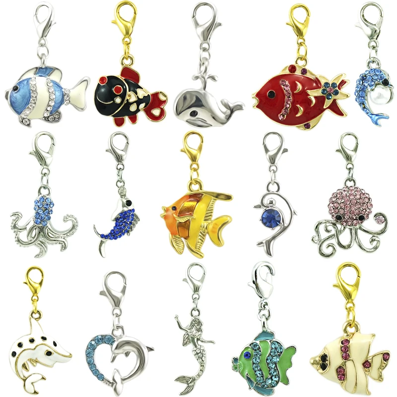 JINGLANG Classic Lobster Clasp Ocean Series Charms Dangle Mix Color Fish DIY Charms For Jewelry Making Accessories 12pcs