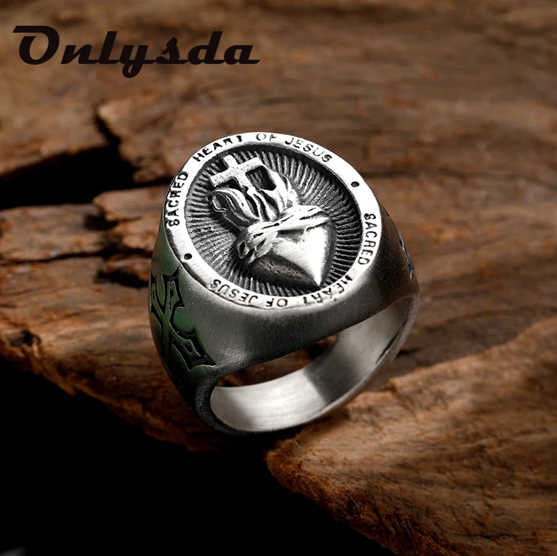 316L Stainless Steel Ladies Mens Biker Punk Sacred Heart Of Jesus God Ring Cross Amulet Jewelry For Man Lucky Gift Dropshipping