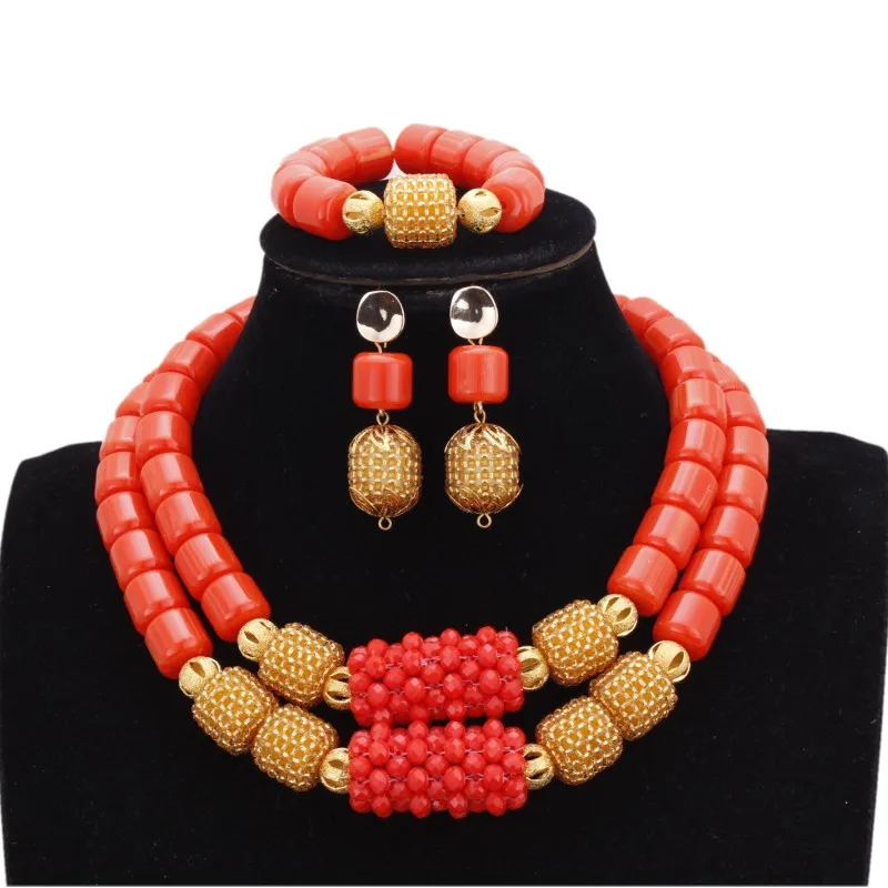 Dudo Orange & Gold Artificial African Nigerian Coral Beads Jewelry Set 2 Layers With Crystal Beaded Embellished