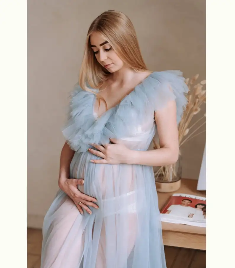 Elegant Illusion Tiered Ruffles Ladies Robes Nightgowns Photoshoot Women Sleepwear Bathrobe Sheer Custom Made Dress