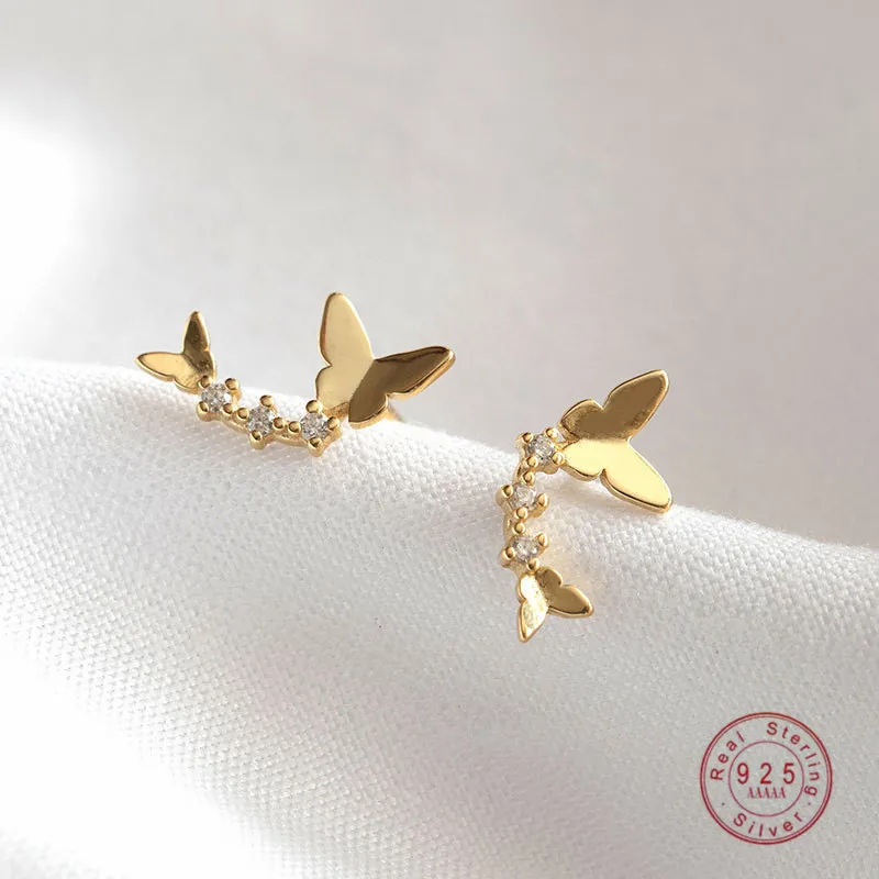 

925 Sterling Silver Korea Small Curved Double Butterfly Stud Warrings Women Fashion Elegant Party Jewelry