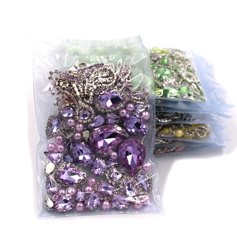 Wedding Decoration Teardrop Crystal violet Mix Size Glass Crystal Stones Pearl Beads Cup Chain Rim Rhinestones Sew On Clothing