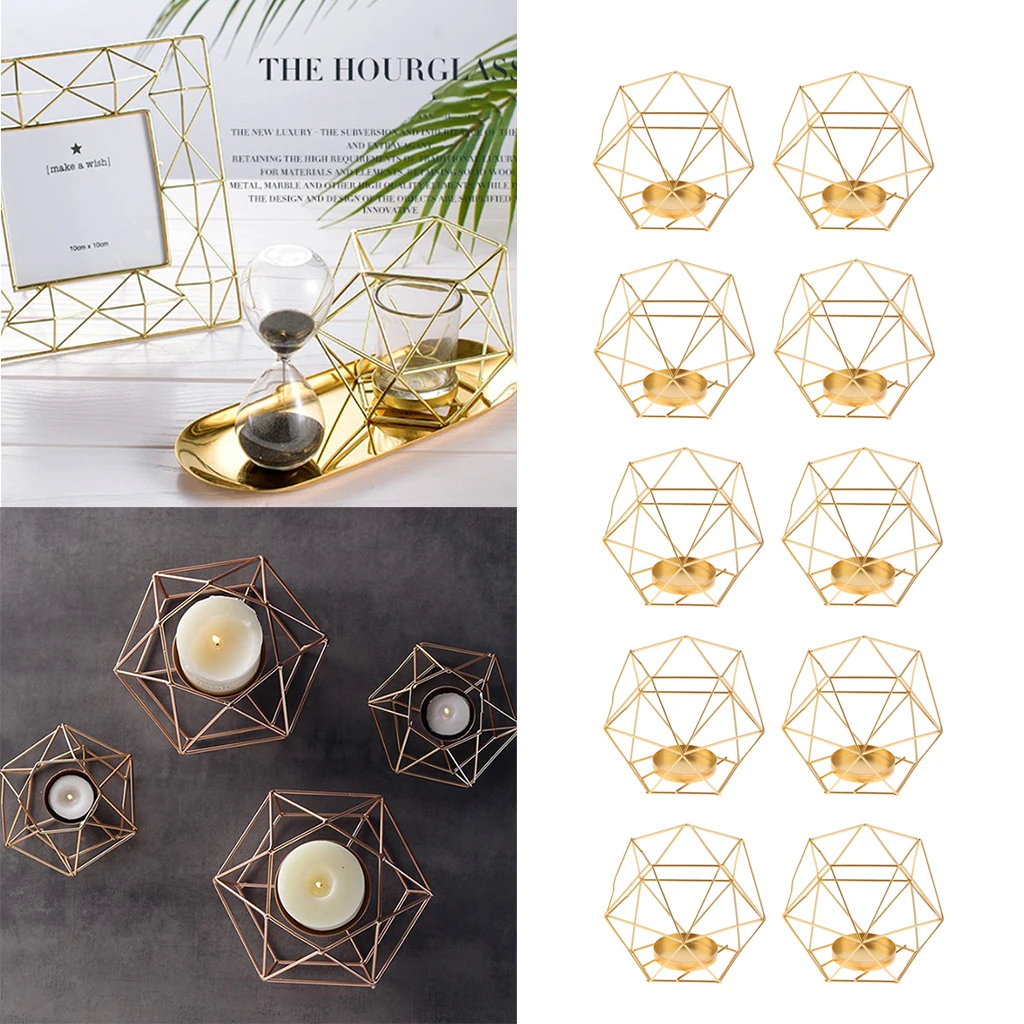 10pcs Geometric Polished Tealight Candle Holder Table Top Centerpiece Weddings Events Parties Dinner Table Decor - Gold