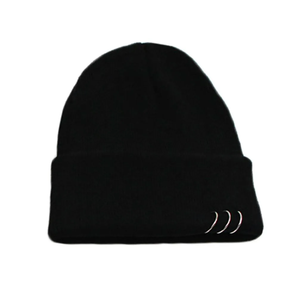 New Winter Warm Knitted Beanie Cap Women's Solid Wool Knitted Hat Kpop Style Metal Ring Buckled Beanie Elegant All-match Hat