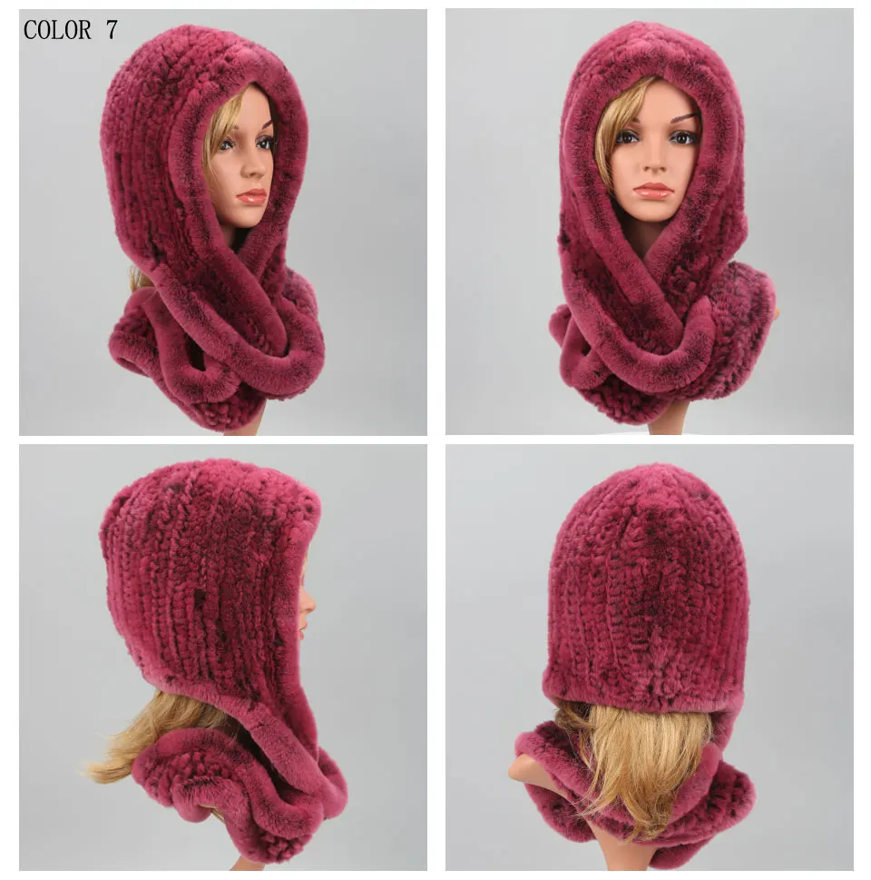 Frauen Gestrickte Echte Rex Kaninchen Pelz Hut Mit Kapuze Schal Winter Hüte für Frau Herbst Kappe Warme Natürliche Pelzmütze mit Hals Schals Bonnets – Detail 12