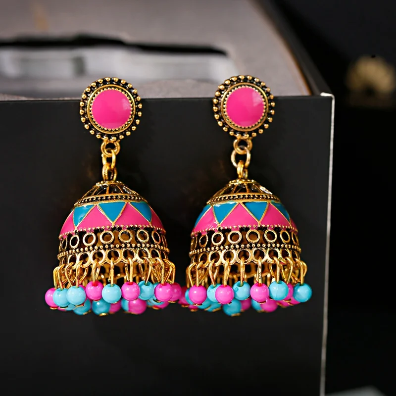 Ethnic Classical Corful Beads Jhumka Indian Earrings Handmade Ladies Gypsy Earring Lantern Tassel Palace Orecchini Donna