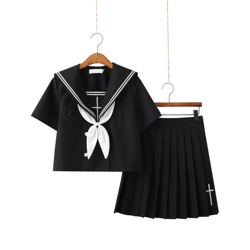 Cross Embroidery School Uniform High School Girl Sailor Suits Cosplay Costume Black Short Long Sleeve Japanese Anime Uniforms