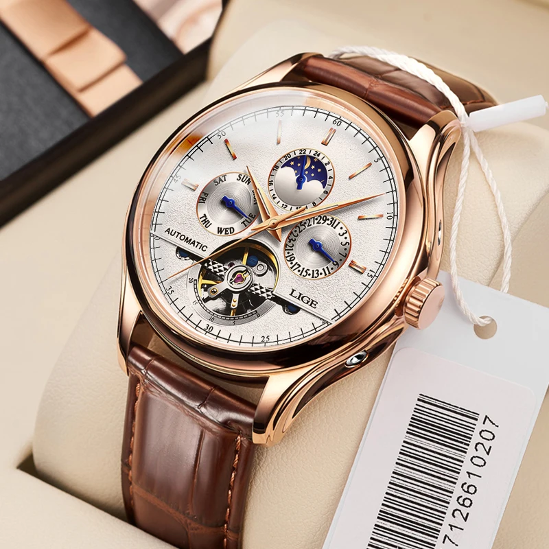 2025 LIGE Herrenuhren Automatische mechanische Uhr Tourbillon Sportuhr Leder Casual Business Retro Armbanduhr Uhren Hombre