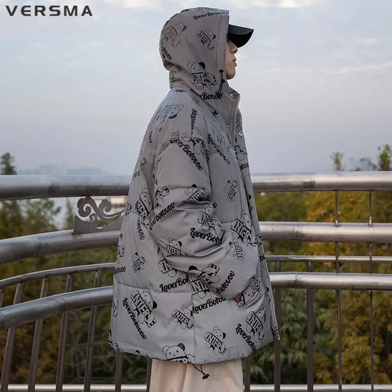 VERSMA Japanese Vintage Warm Shiny Jacket Coat Men Parka Winter Reflective Oversized Thick Unisex Cotton Men Women Jackets Coats