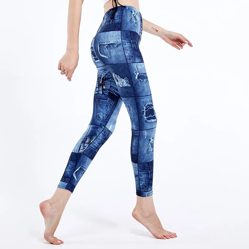 VISNXGI Cao Cấp Tập Thể Dục Quần Legging Nữ Tập Luyện Đẩy Lên Bắt Chước Denim Lỗ In Hình Bướm Thể Thao Chữ Graffiti Đáy XXXL