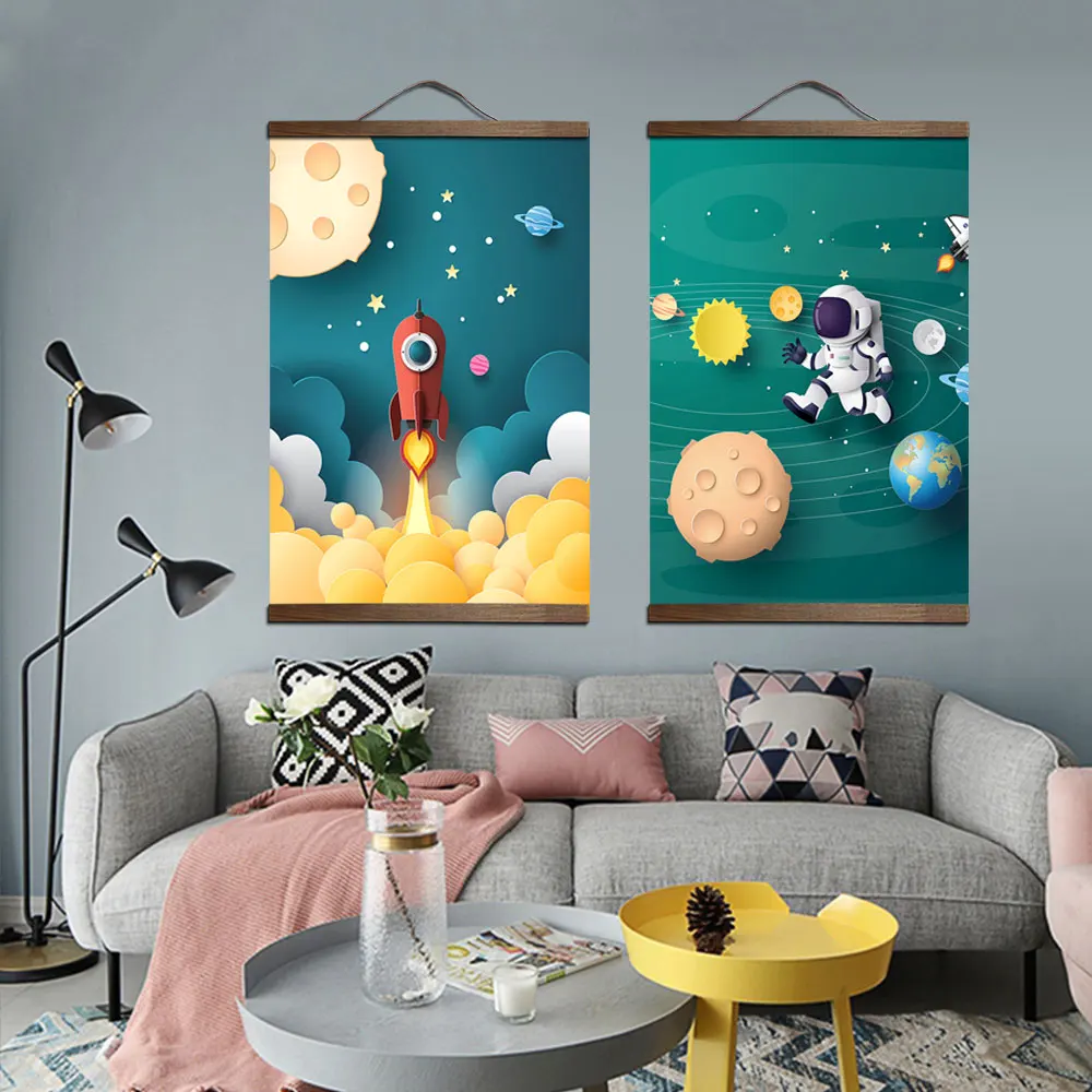 ZHUGEGE custom baby kids room Rocket astronaut canvas black walnut hanging scroll painting wall art poster home decor Pendant