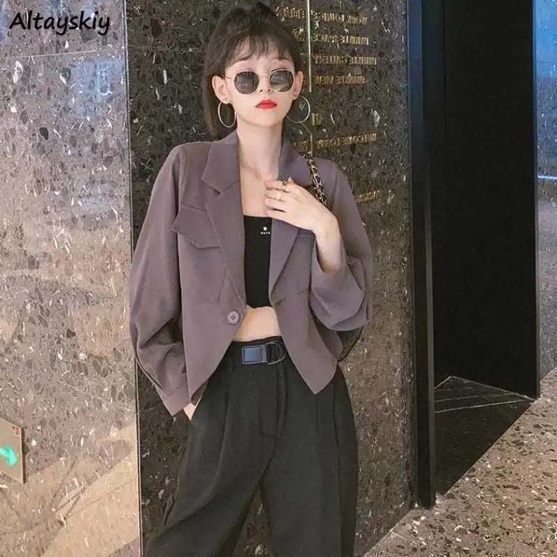 

Blazers Women Crop Top Streetwear Sexy Leisure Harajuku Black Gray Korean Style Hot Autumn Spring Students Single-button Chic