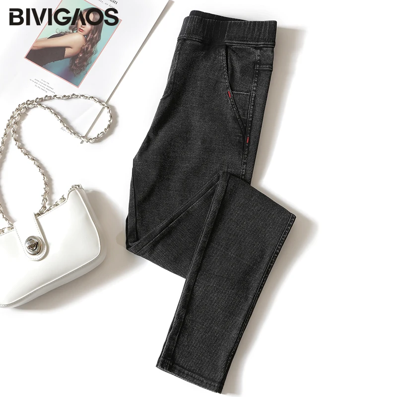 BIVIGAOS Frauen Jeans Bleistift Hosen Sand Gewaschen Stretch Jeans Leggings Koreanische Tasche Rote Linie Leggings Magie Schwarz Grau Jeggings