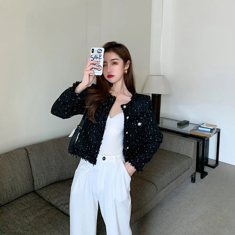 2022 nuove donne autunnali giacca in Tweed di alta qualità piccola fragranza perla monopetto donna coreano cappotto elegante corto