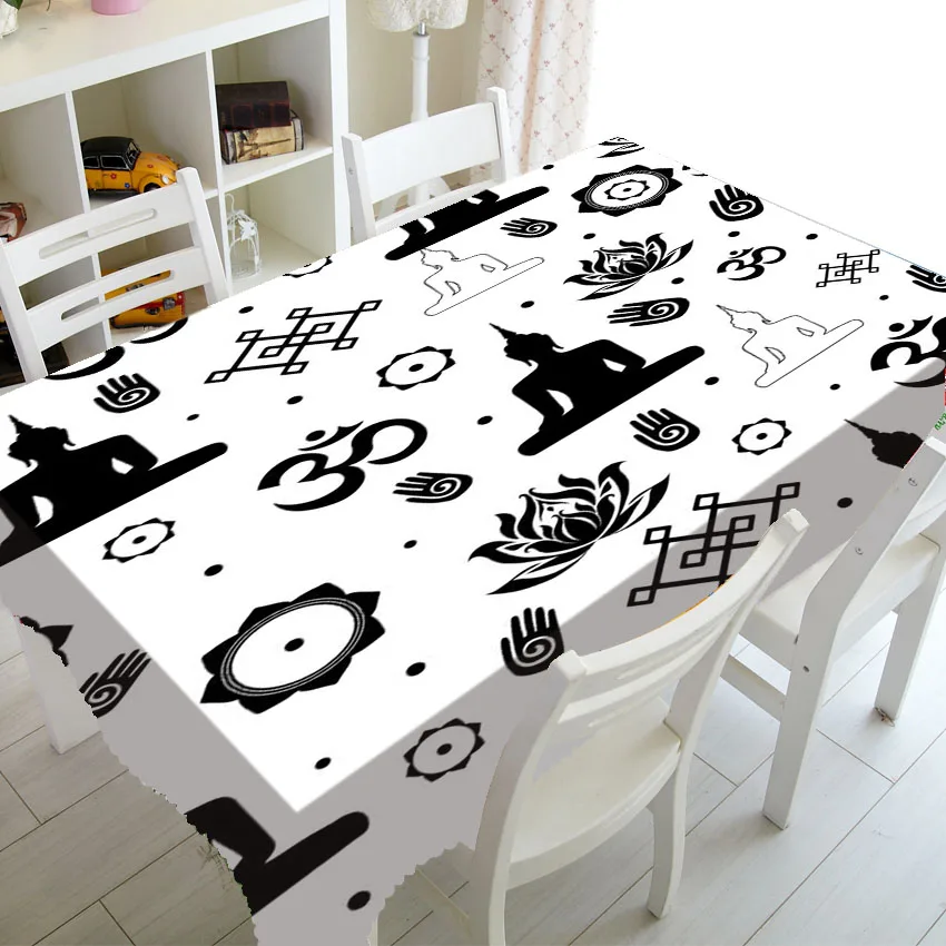 Oriental Black White Buddhist Religion Symbols Tablecloth for Yoga Namaste Home Decor Indian Buddha OM Sign Buddhism Table Cover