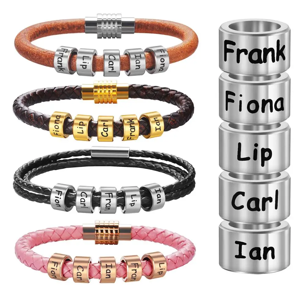 Custom Engrave Family Names Bracelets Personalized Stainless Steel Bead Charms Bracelet Genuine Leather Magnet Clasp Bangle Gift